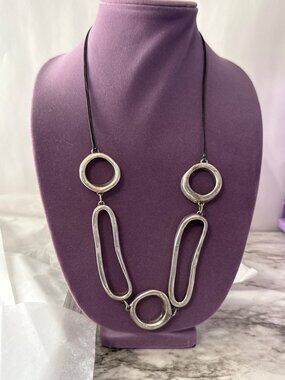 Abstract Silver Tone Necklace Circular Oval Links Black Cord Marked Israel 18”